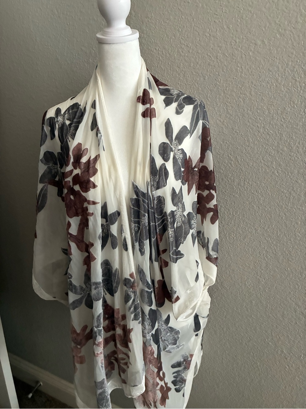 Sheer Cream Floral Wrap with velvet Brown & Gray Blooms